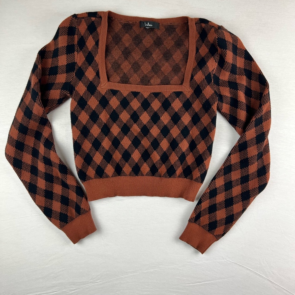 Lulu's Black and Brown Argyle‎ Cropped Sweater